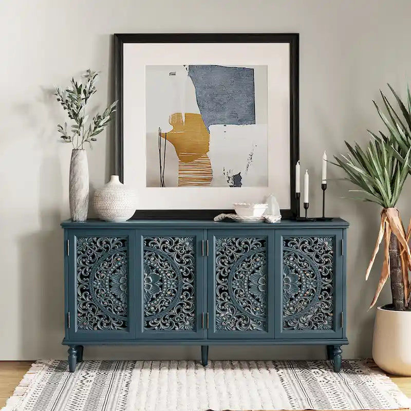 Meuble TV de rangement avec buffet intégré et éclairage, sculpté de manière traditionnelle