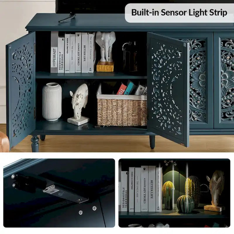 Meuble TV de rangement avec buffet intégré et éclairage, sculpté de manière traditionnelle