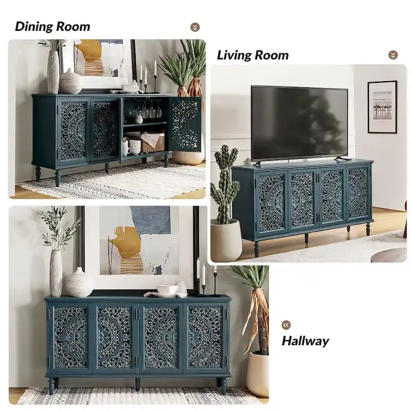 Meuble TV de rangement avec buffet intégré et éclairage, sculpté de manière traditionnelle