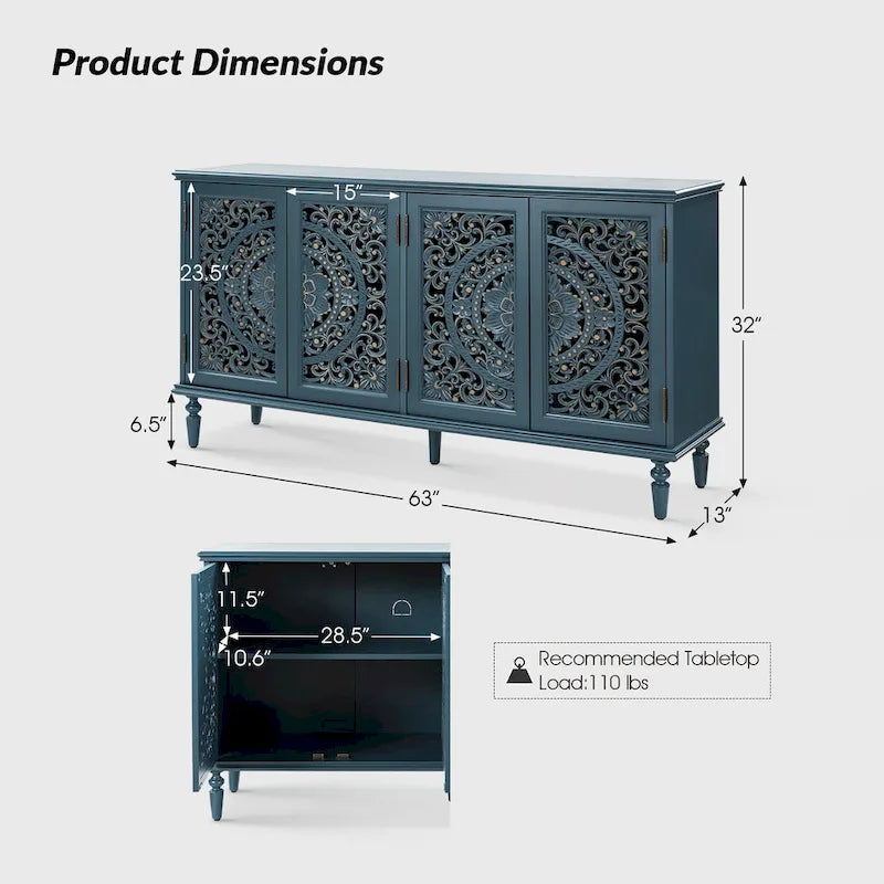 Meuble TV de rangement avec buffet intégré et éclairage, sculpté de manière traditionnelle