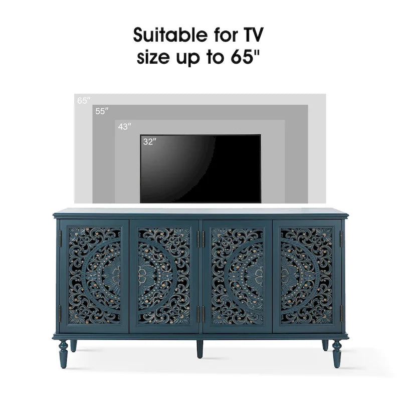 Meuble TV de rangement avec buffet intégré et éclairage, sculpté de manière traditionnelle