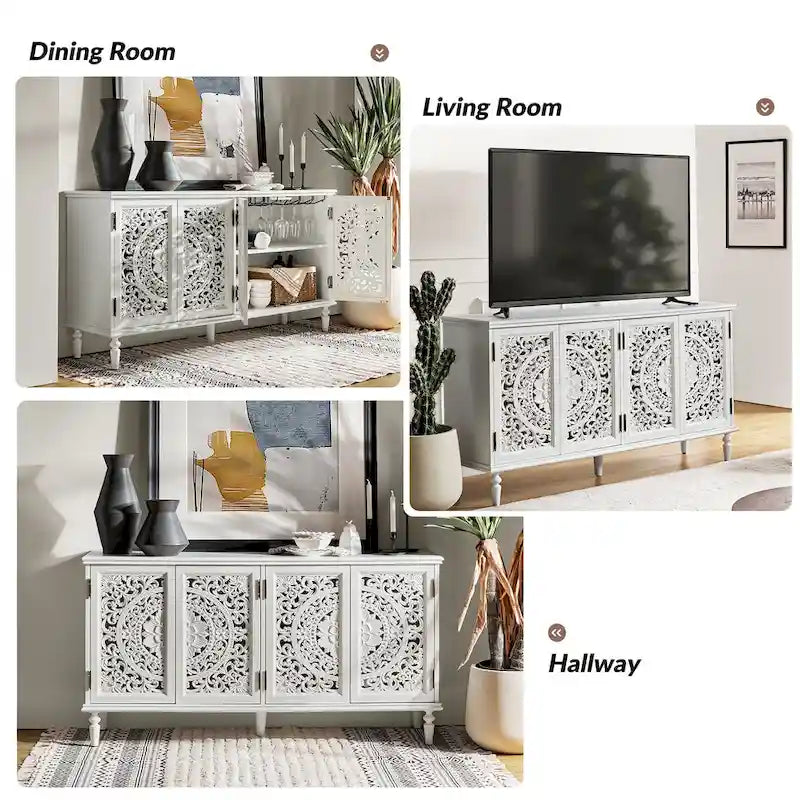 Meuble TV de rangement avec buffet intégré et éclairage, sculpté de manière traditionnelle