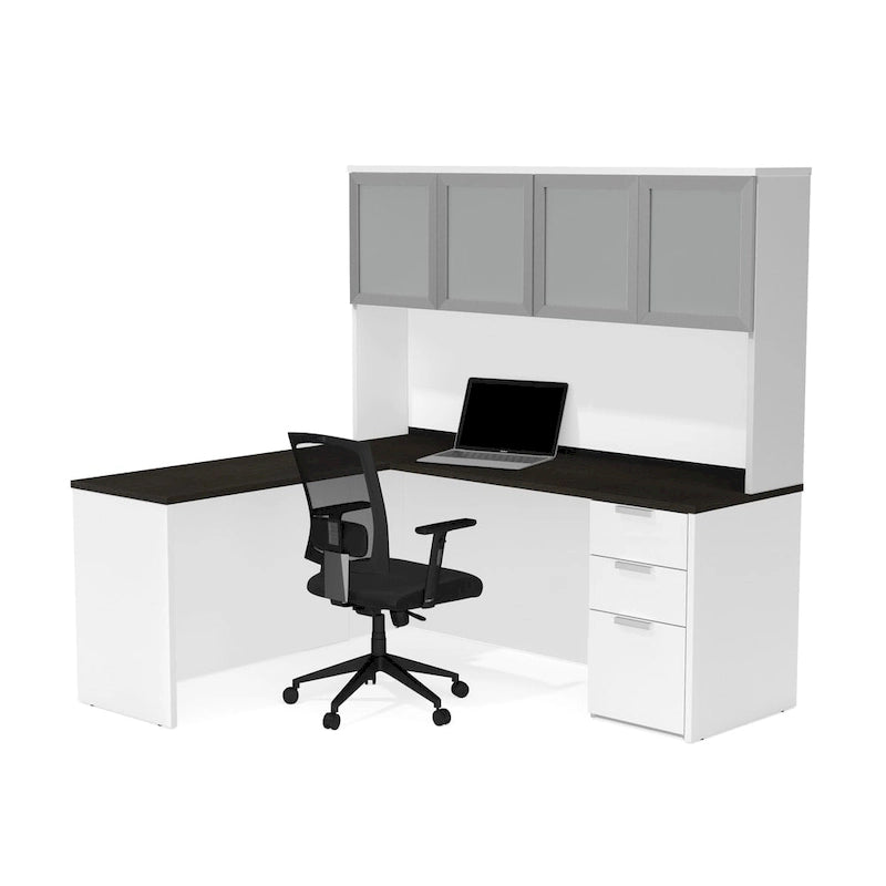 Bureau d'angle avec huche à portes en verre dépoli