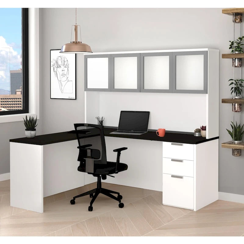 Bureau d'angle avec huche à portes en verre dépoli