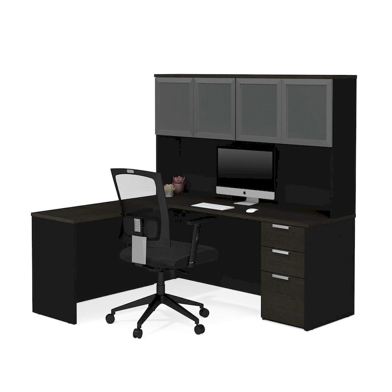 Bureau d'angle avec huche à portes en verre dépoli