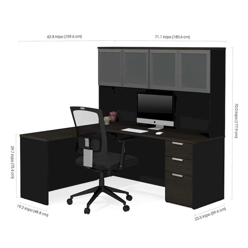 Bureau d'angle avec huche à portes en verre dépoli