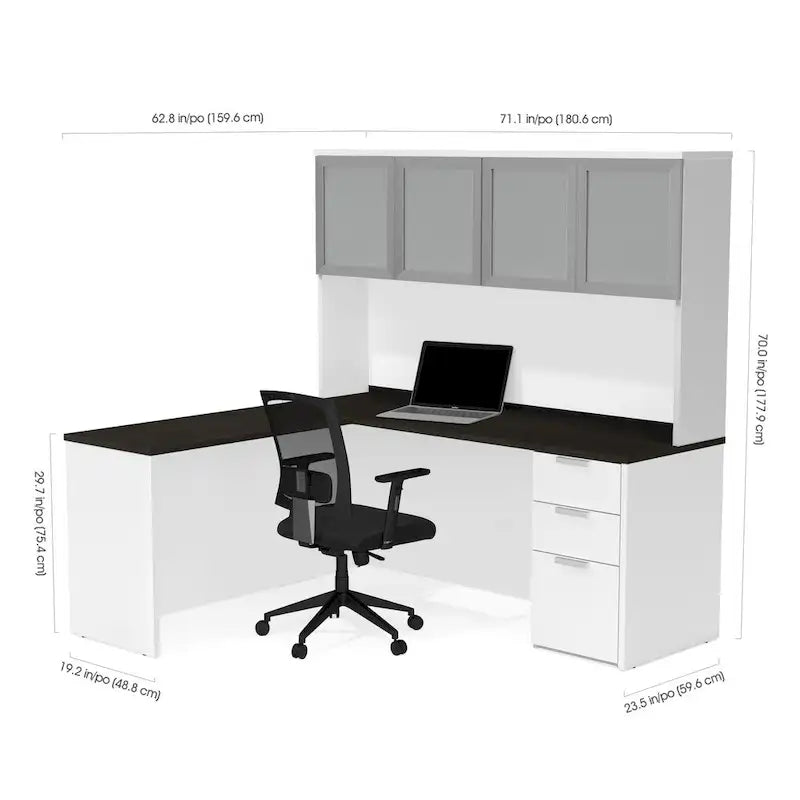 Bureau d'angle avec huche à portes en verre dépoli