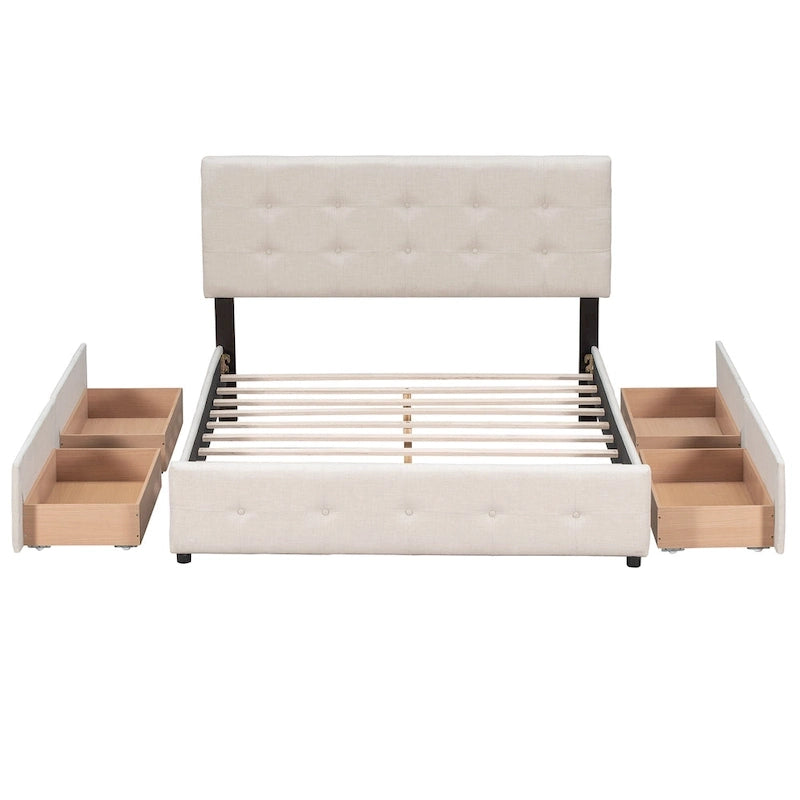 Lit plateforme avec tête de lit classique et tissu capitonné