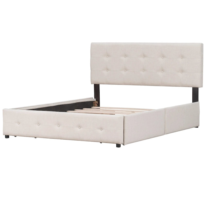 Lit plateforme avec tête de lit classique et tissu capitonné