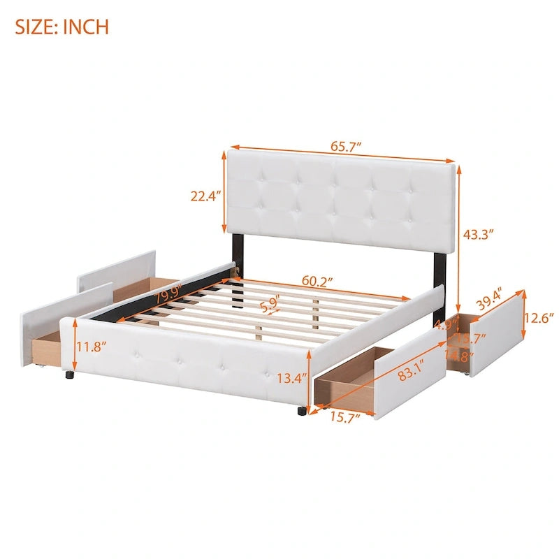 Lit plateforme avec tête de lit classique et tissu capitonné