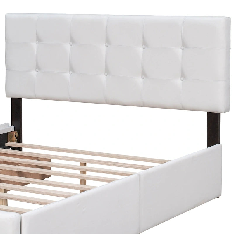 Lit plateforme avec tête de lit classique et tissu capitonné