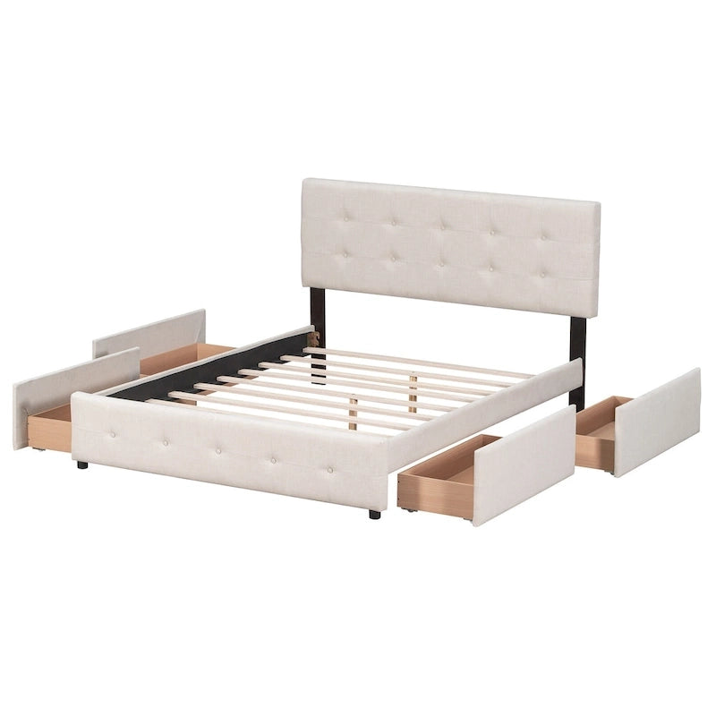Lit plateforme avec tête de lit classique et tissu capitonné