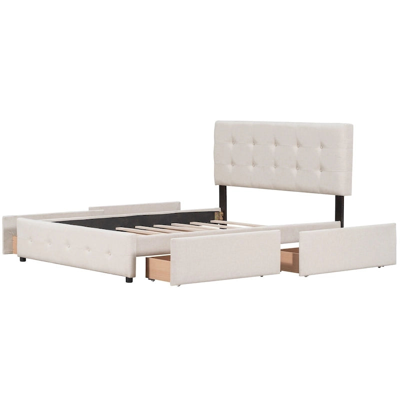 Lit plateforme avec tête de lit classique et tissu capitonné