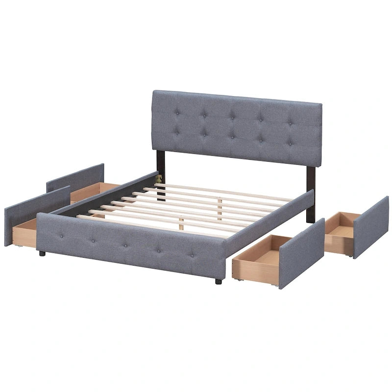 Lit plateforme avec tête de lit classique et tissu capitonné