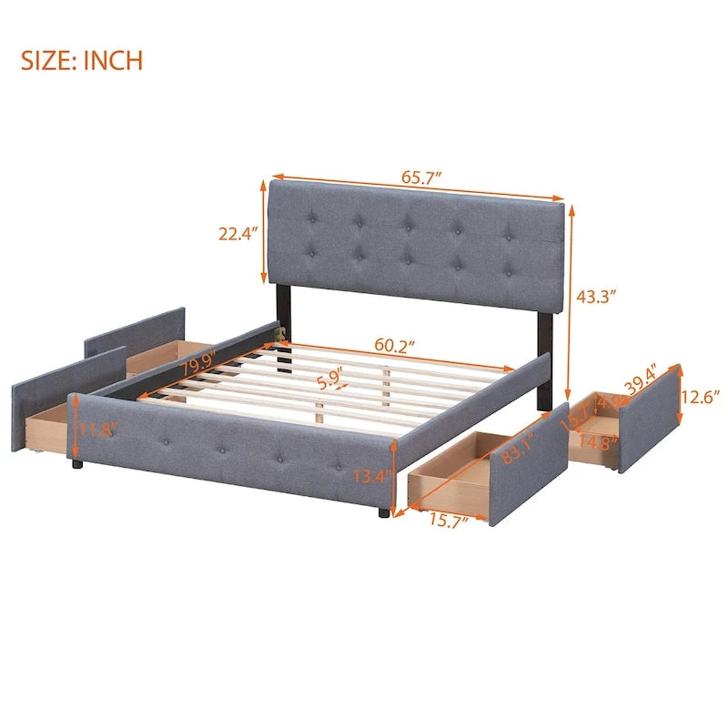 Lit plateforme avec tête de lit classique et tissu capitonné