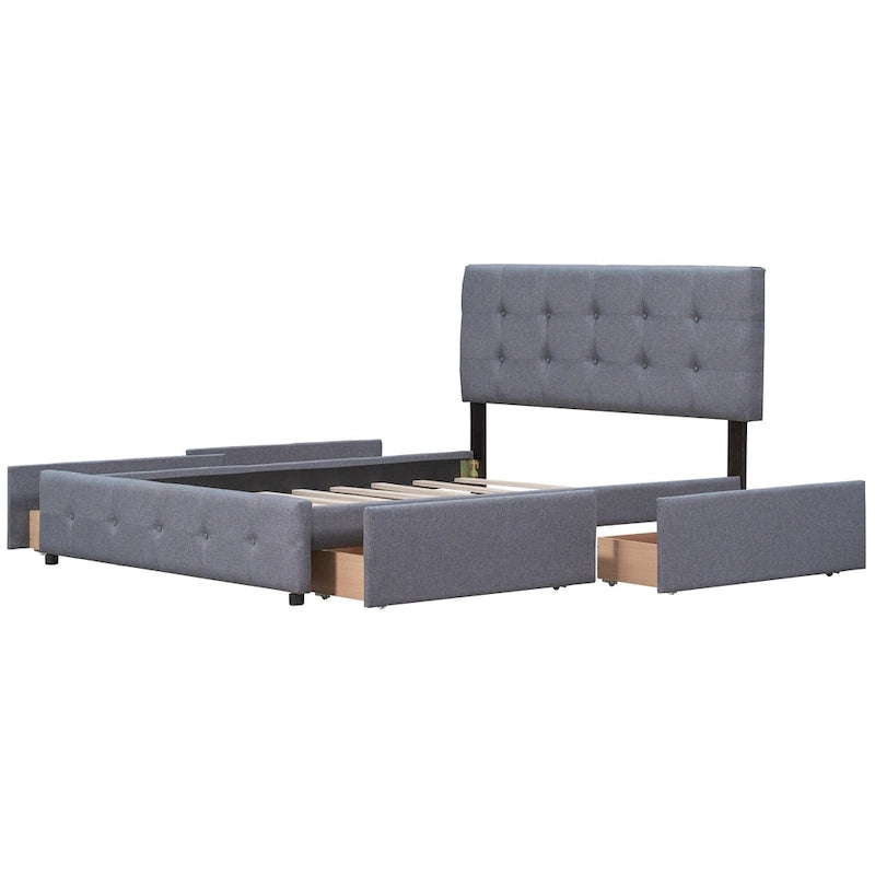 Lit plateforme avec tête de lit classique et tissu capitonné