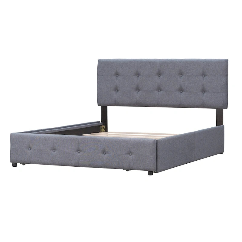 Lit plateforme avec tête de lit classique et tissu capitonné