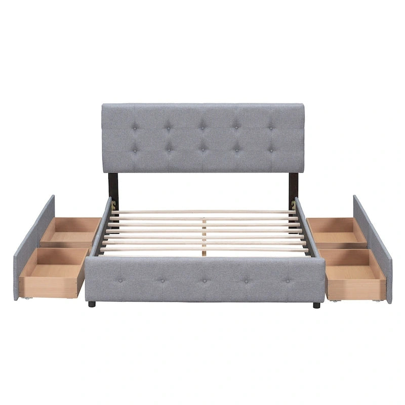 Lit plateforme avec tête de lit classique et tissu capitonné
