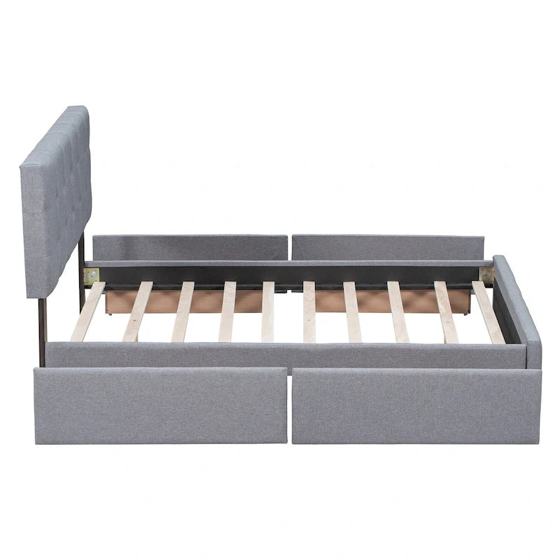 Lit plateforme avec tête de lit classique et tissu capitonné