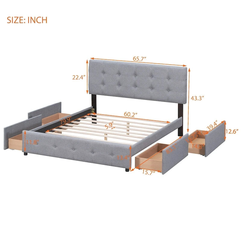 Lit plateforme avec tête de lit classique et tissu capitonné