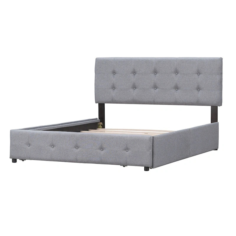 Lit plateforme avec tête de lit classique et tissu capitonné