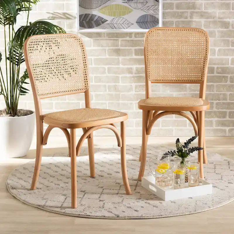 Chaise de salle à manger moderne du milieu du siècle en rotin tressé et bois