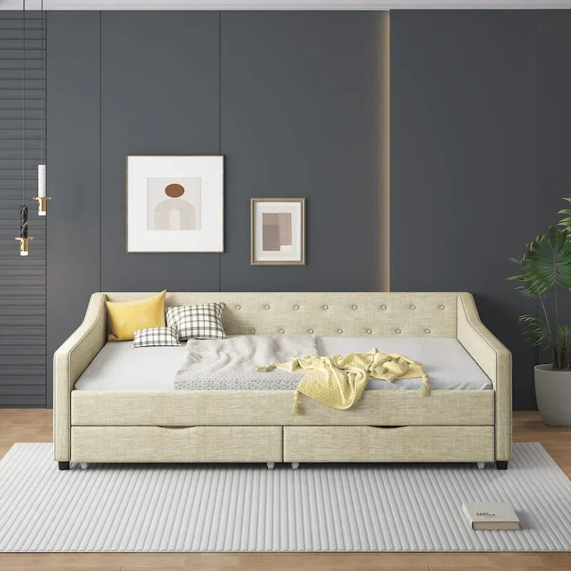 Lit de repos capitonné avec tiroirs pour chambre à coucher