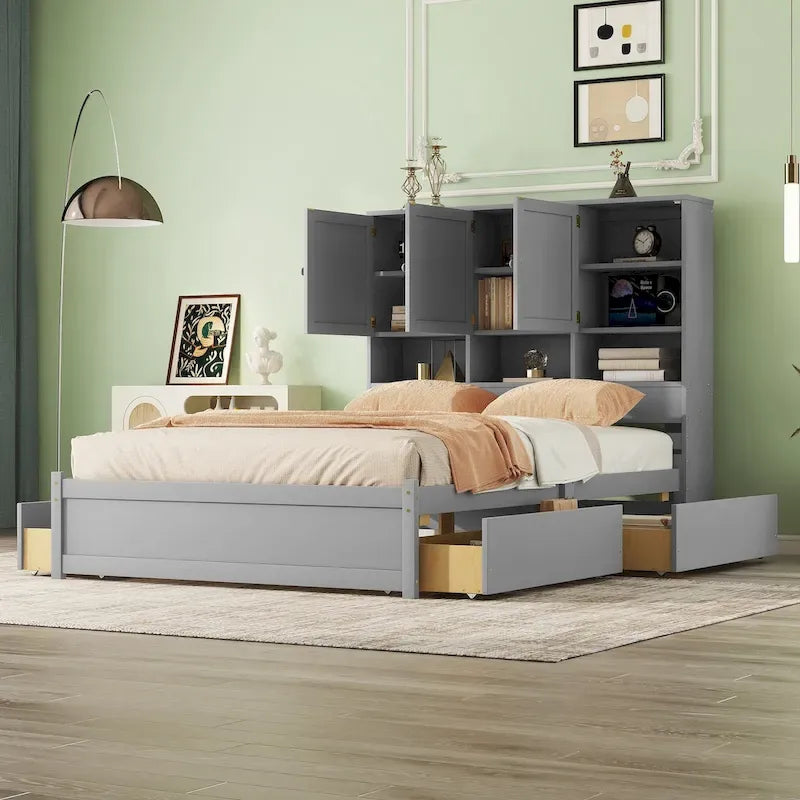 Lit plateforme avec tête de lit de rangement