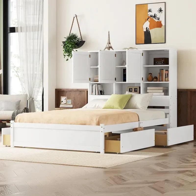 Lit plateforme avec tête de lit de rangement