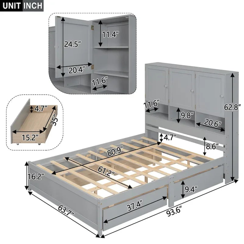 Lit plateforme avec tête de lit de rangement