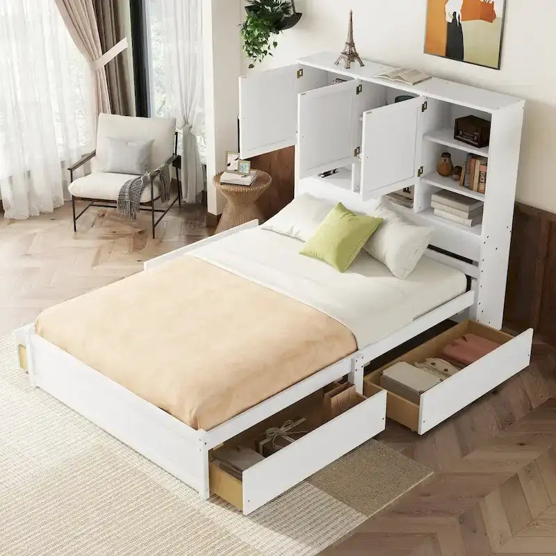 Lit plateforme avec tête de lit de rangement