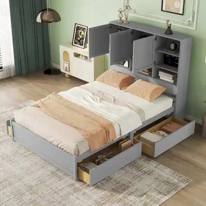 Lit plateforme avec tête de lit de rangement