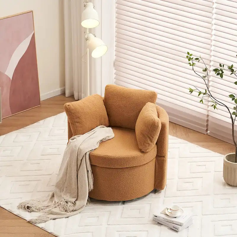 Fauteuil pivotant en tissu avec rangement et coussin de dossier pour le salon