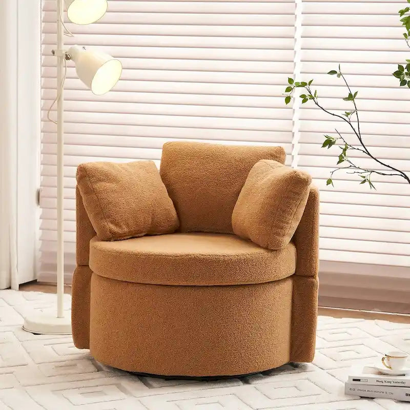 Fauteuil pivotant en tissu avec rangement et coussin de dossier pour le salon