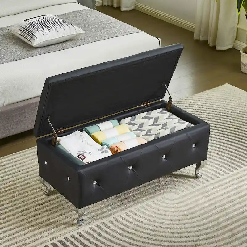 Banc Pouf de Rangement Rectangulaire Rembourré avec Boutons en Cristal