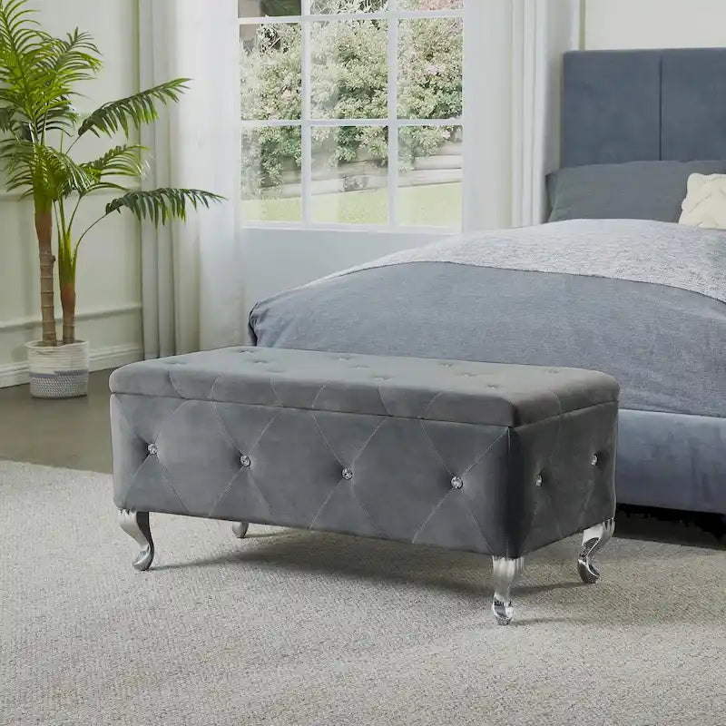 Banc Pouf de Rangement Rectangulaire Rembourré avec Boutons en Cristal