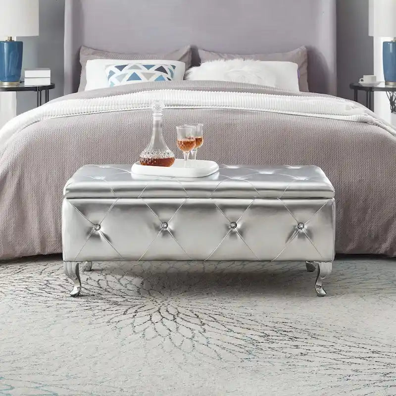 Banc Pouf de Rangement Rectangulaire Rembourré avec Boutons en Cristal
