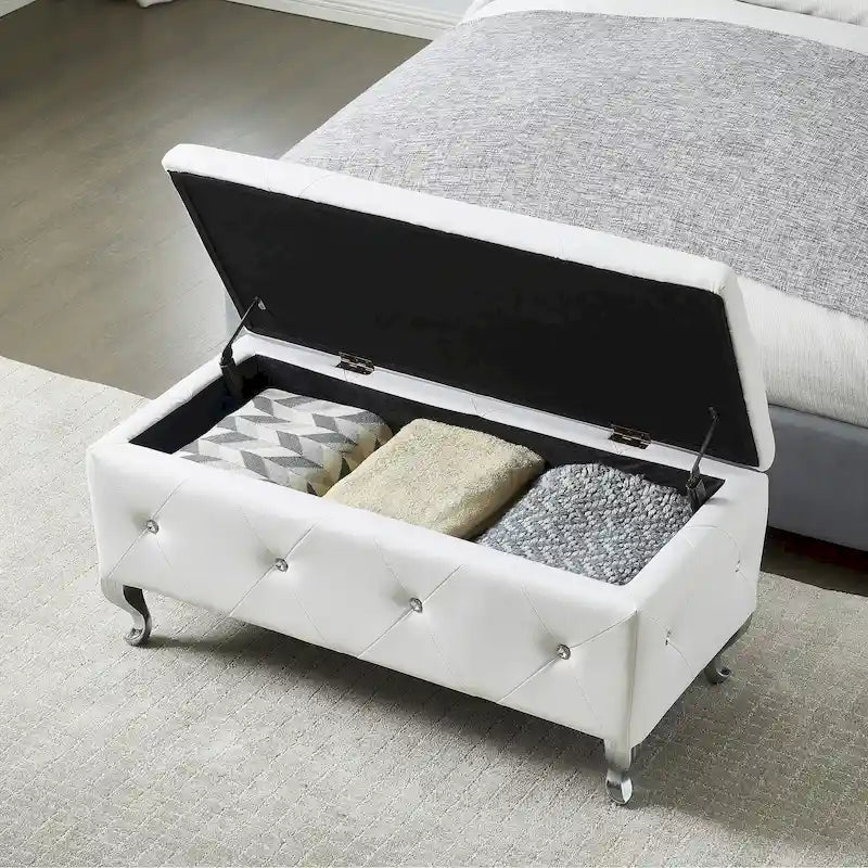 Banc Pouf de Rangement Rectangulaire Rembourré avec Boutons en Cristal