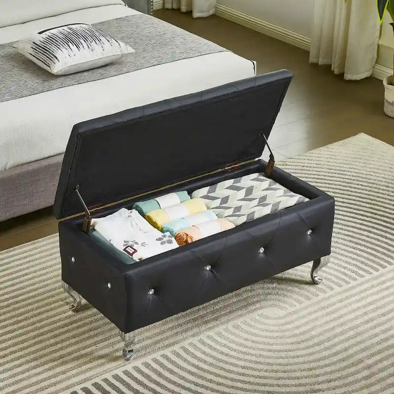 Banc Pouf de Rangement Rectangulaire Rembourré avec Boutons en Cristal