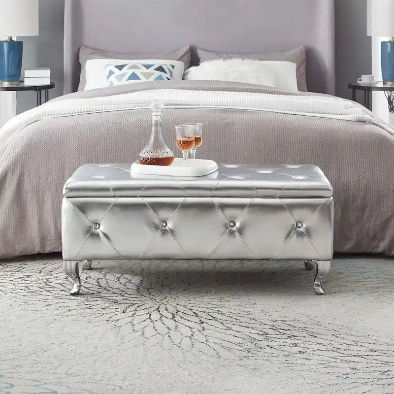 Banc Pouf de Rangement Rectangulaire Rembourré avec Boutons en Cristal
