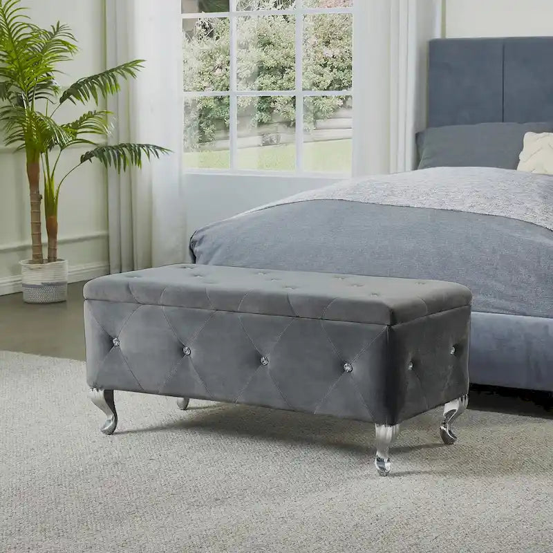 Banc Pouf de Rangement Rectangulaire Rembourré avec Boutons en Cristal
