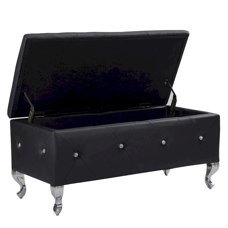 Banc Pouf de Rangement Rectangulaire Rembourré avec Boutons en Cristal