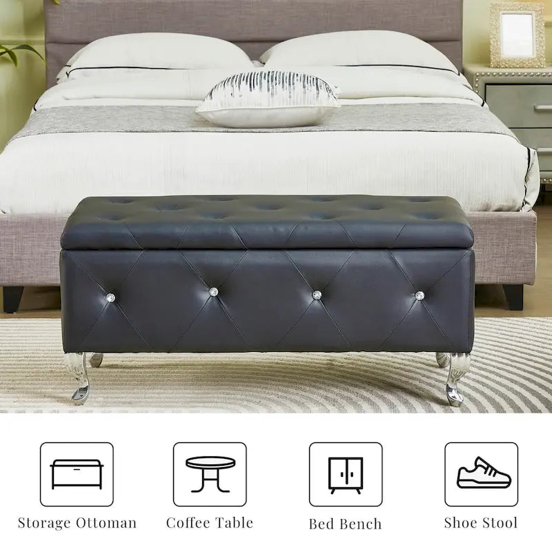 Banc Pouf de Rangement Rectangulaire Rembourré avec Boutons en Cristal