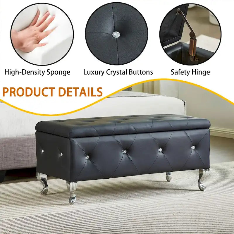 Banc Pouf de Rangement Rectangulaire Rembourré avec Boutons en Cristal