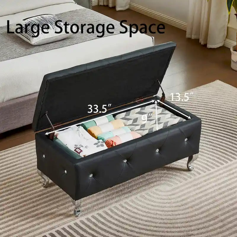 Banc Pouf de Rangement Rectangulaire Rembourré avec Boutons en Cristal