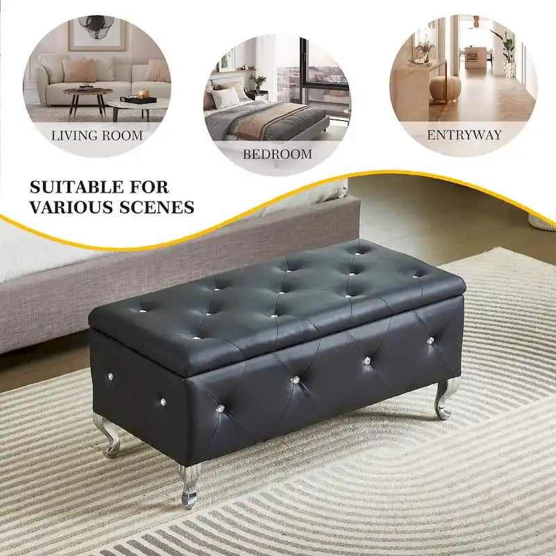Banc Pouf de Rangement Rectangulaire Rembourré avec Boutons en Cristal