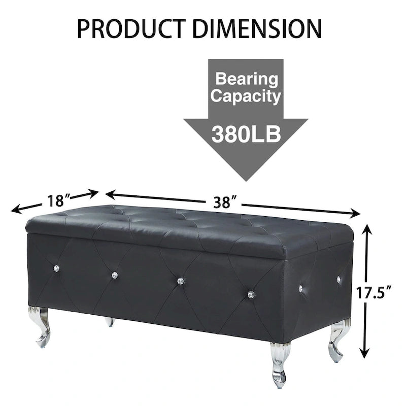 Banc Pouf de Rangement Rectangulaire Rembourré avec Boutons en Cristal