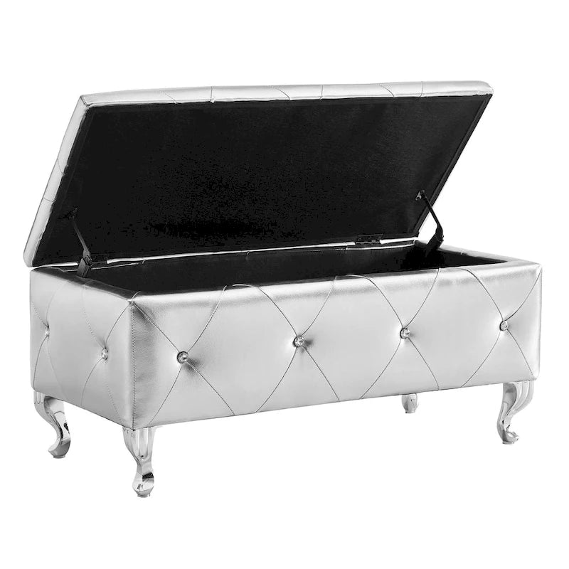 Banc Pouf de Rangement Rectangulaire Rembourré avec Boutons en Cristal