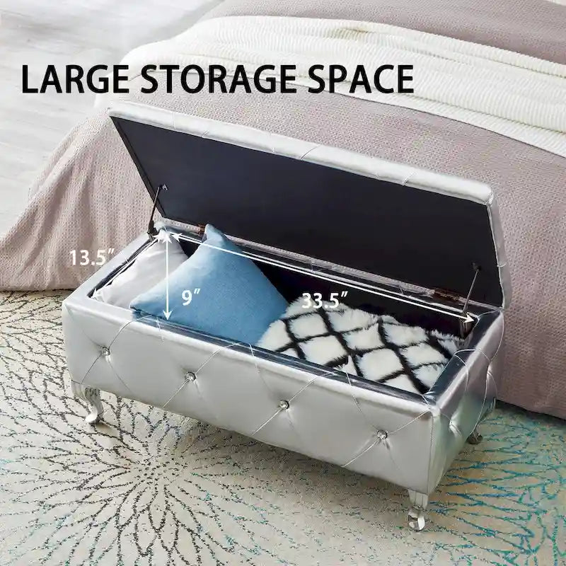 Banc Pouf de Rangement Rectangulaire Rembourré avec Boutons en Cristal
