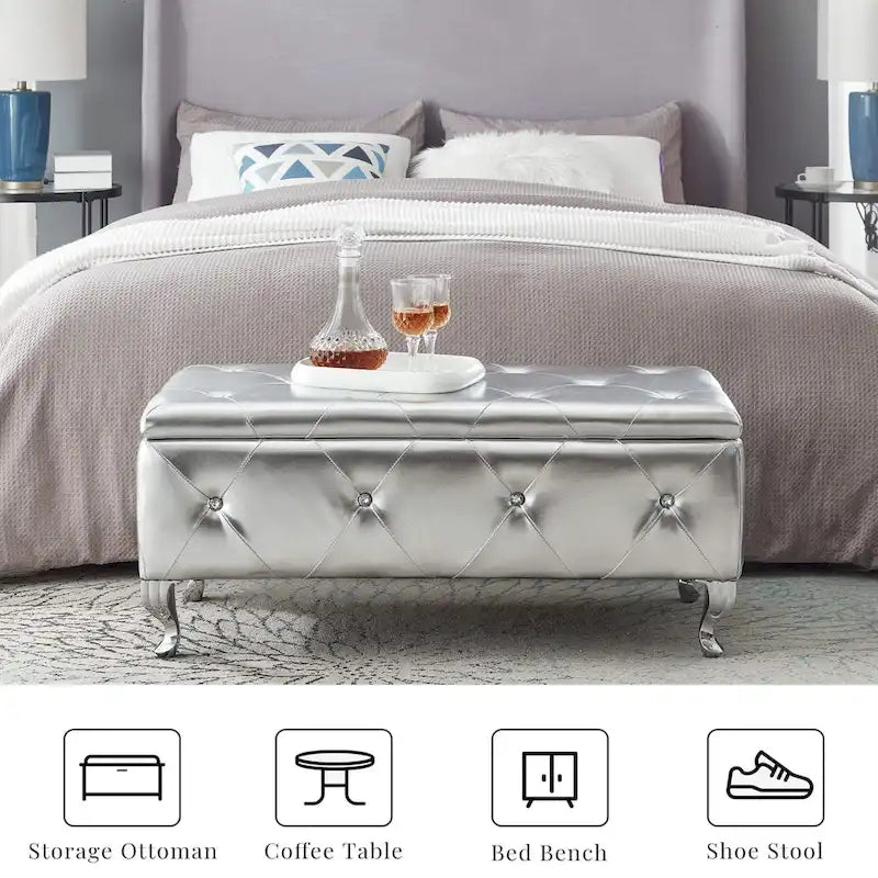 Banc Pouf de Rangement Rectangulaire Rembourré avec Boutons en Cristal